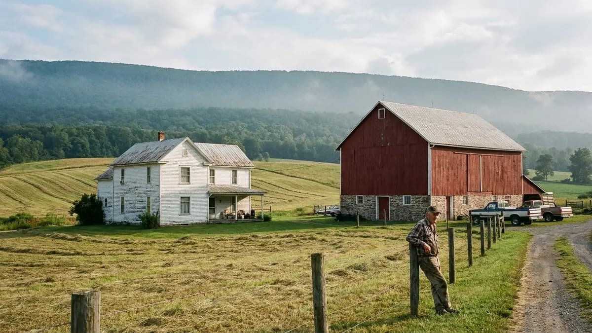 Farmhouse and hay fields below a forested ridge in Blair County, Pennsylvania, the kind of farmland an owner may need to sell a house fast with