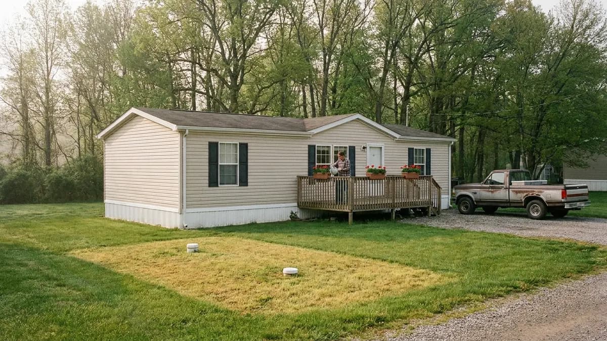 Single-wide manufactured home on its own wooded lot with a septic field in the yard, a home in Butler County, Pennsylvania whose owner wants to sell the house fast