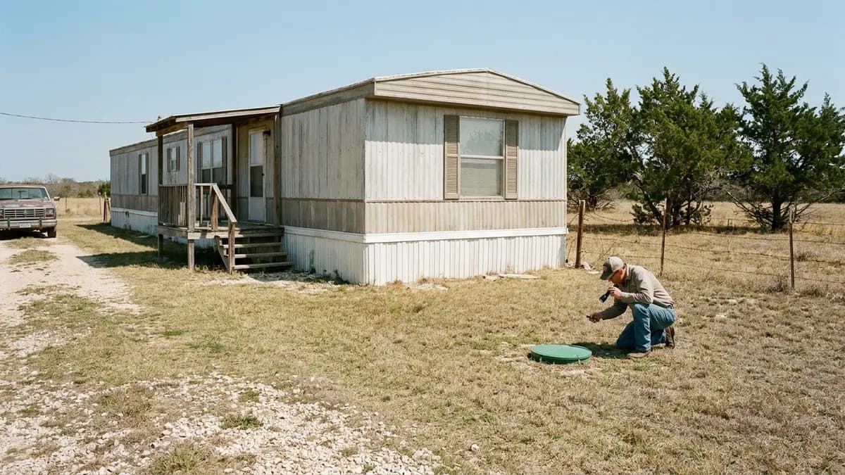 Manufactured home on a rural tract with a septic access lid in the side yard, for owners who want to sell a house fast in Coryell County, Texas
