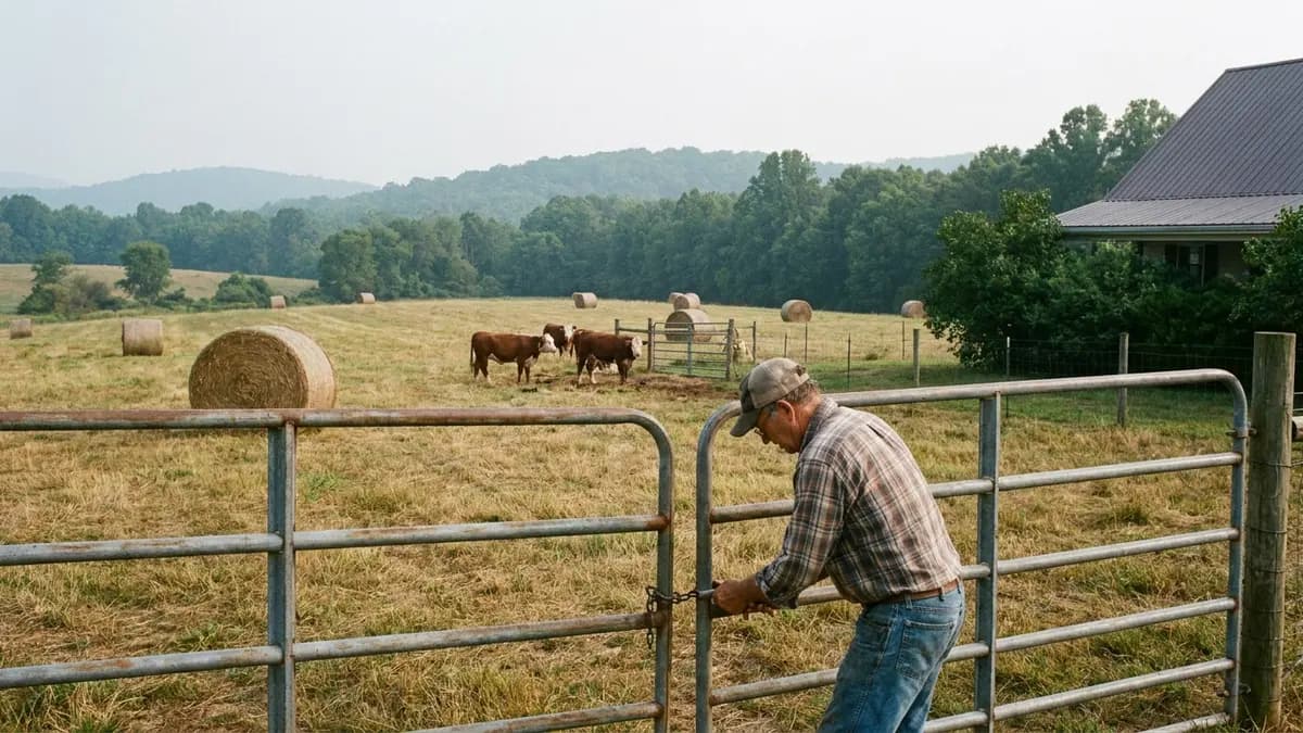 Pasture and hay field bordered by forest in Fluvanna County, Virginia, land a seller may hold in land use when selling a house fast