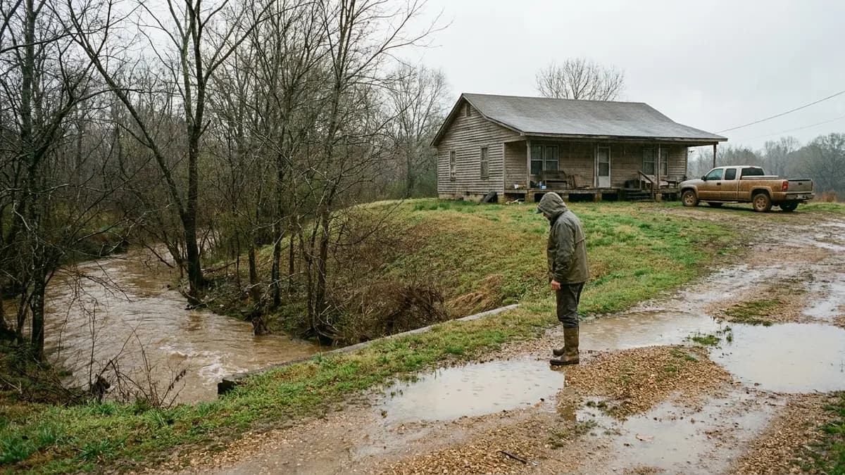 Rural house near a muddy creek running high after a spring thunderstorm, for owners who want to sell a house fast in Montgomery County, Mississippi