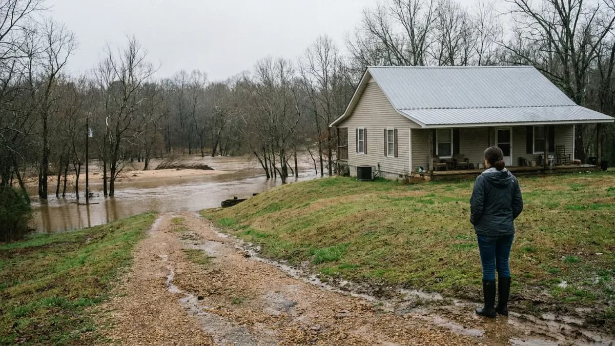 Rural home above a wooded river bottom with high water after rain, for owners who want to sell a house fast in Pike County, Mississippi