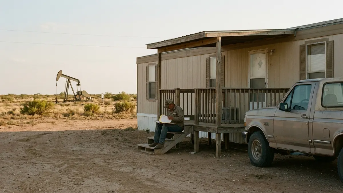 Manufactured home on a dry scrub lot with an oil pump jack in the distance, for owners who want to sell a house fast in Ward County, Texas