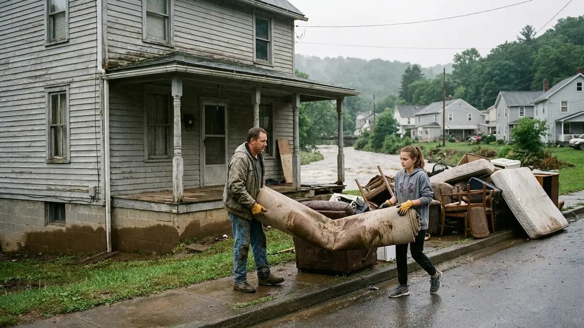 We buy houses in Blair County, PA: two-story frame house on a small-town street after a summer flood, with a family carrying wet carpet to the curb in Blair County, Pennsylvania, where a local cash buyer buys houses as is
