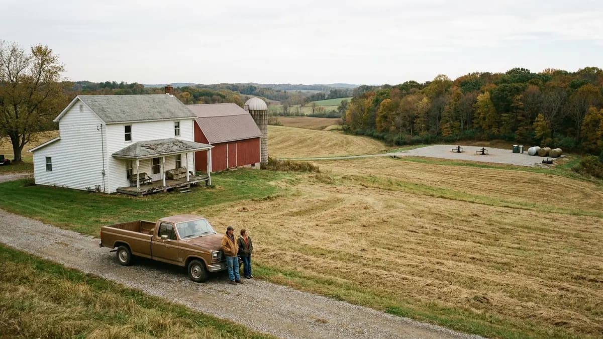 We buy houses in Butler County, PA: two-story farmhouse on a hillside with a gas well pad visible across the fields, the kind of rural property in Butler County, Pennsylvania where owners look for someone who buys houses
