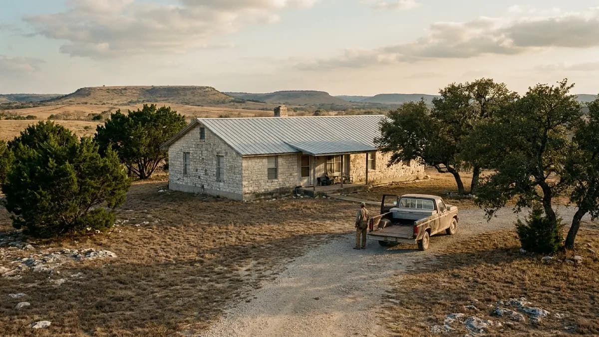 We buy houses in Coryell County, TX: stone ranch house on a rocky hilltop lot with cedar and live oak trees, for homeowners asking who buys houses in Coryell County, Texas