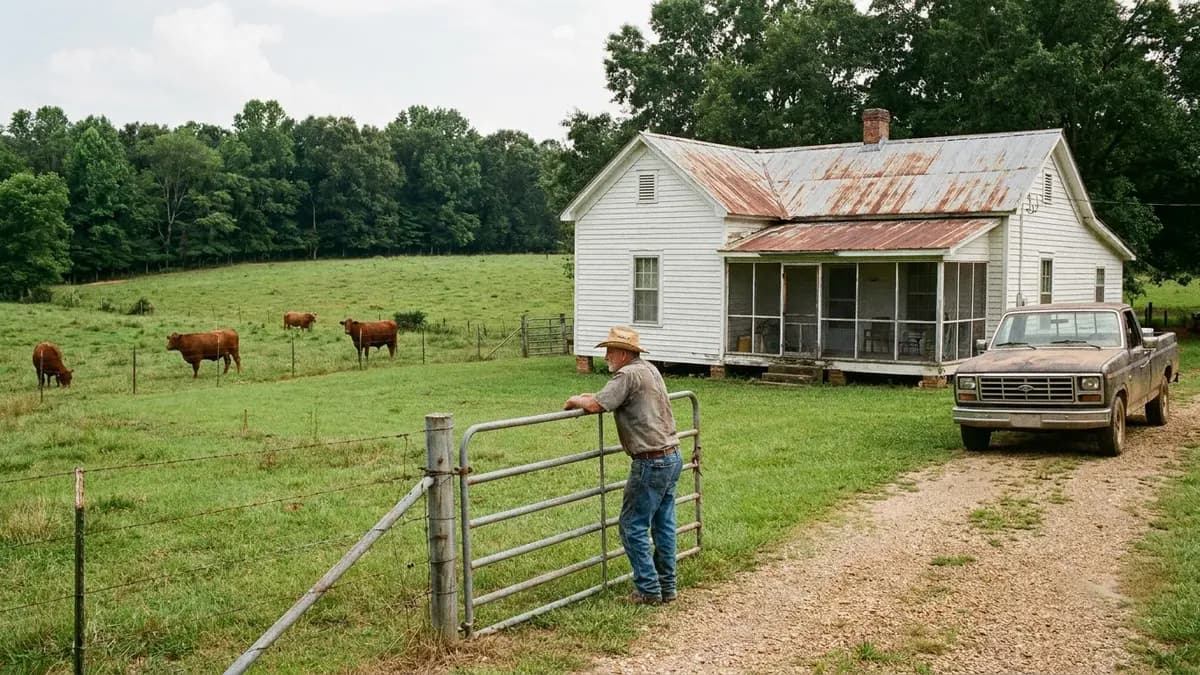 We buy houses in Montgomery County, MS: white farmhouse beside a fenced cattle pasture in central Mississippi, for owners asking who buys houses in Montgomery County, Mississippi