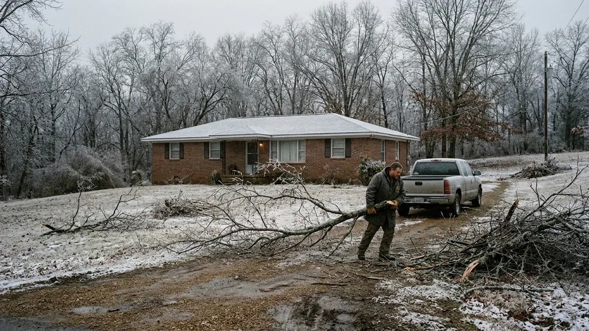 We buy houses in Tippah County, MS: brick ranch house with ice-coated trees and fallen limbs in the yard, for owners asking who buys houses in Tippah County, Mississippi