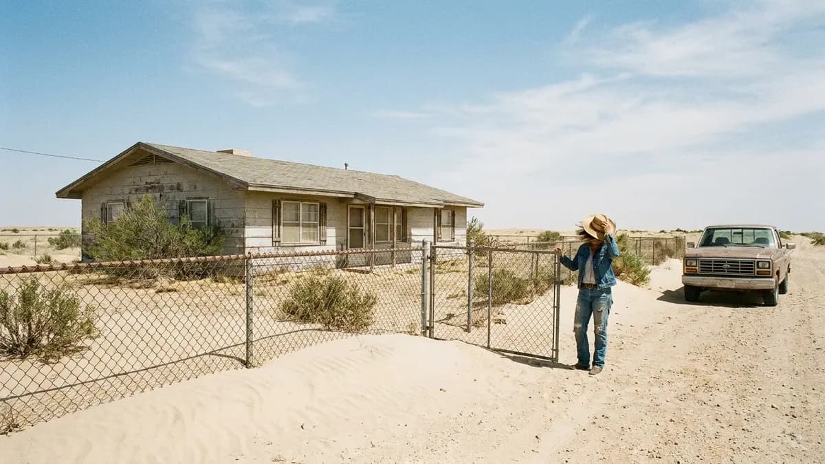 We buy houses in Ward County, TX: small ranch style house at the edge of pale sand dunes under a wide blue sky, for owners asking who buys houses in Ward County, Texas