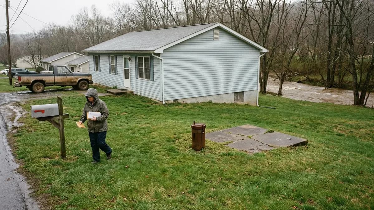 Modest ranch house with a private well cap in the side yard near a creek, a home in Berkeley County, West Virginia whose owner wants to sell the house fast