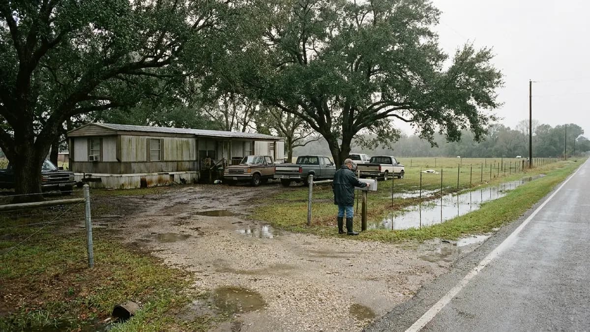 Manufactured home on a fenced rural lot under live oaks with a wet pasture behind it, for owners who want to sell a house fast in Brazoria County, Texas