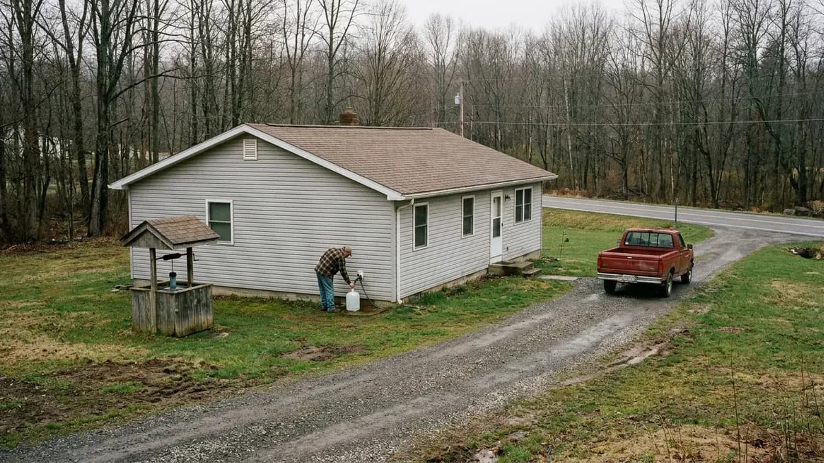 Ranch home with a well pump house on a wooded rural lot in Clearfield County, Pennsylvania, owned by someone who wants to sell a house fast
