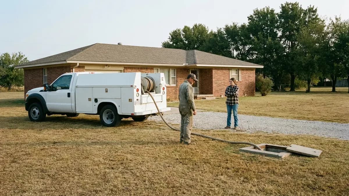 Septic tank lid open in the yard of a rural ranch house while a service truck pumps it, for owners who want to sell a house fast in Creek County, Oklahoma