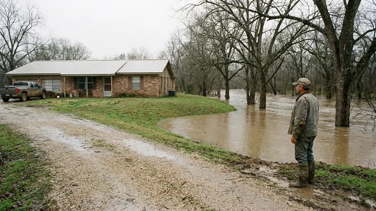 Rural home on a rise above a wide brown river after heavy rain, for owners who want to sell a house fast in Fayette County, Texas