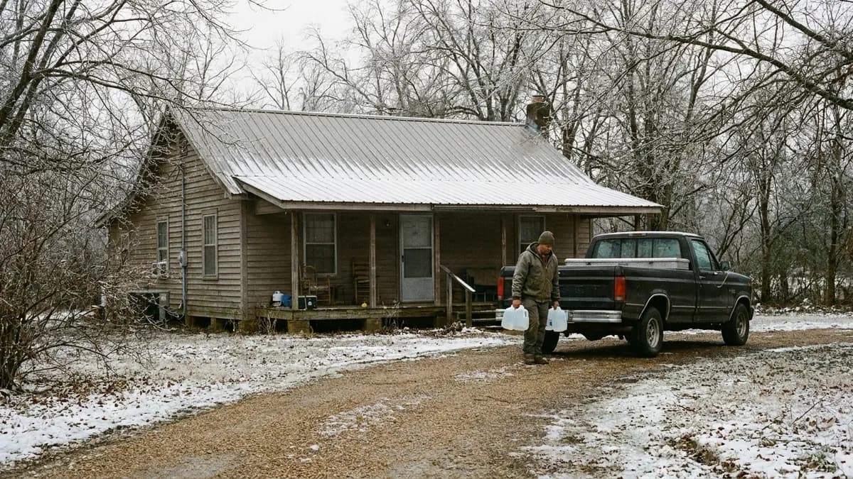 Small rural home with ice-coated trees and a pickup in the drive after a winter storm, for owners who want to sell a house fast in Grenada County, Mississippi