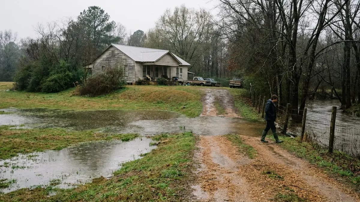 Rural home above a low creek-bottom pasture holding standing water after rain, for owners who want to sell a house fast in Jones County, Mississippi