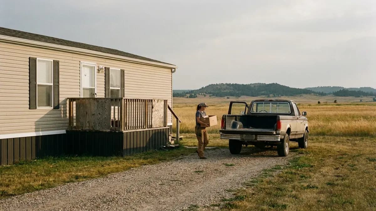 Manufactured home on open prairie land with wooded hills in the distance, for owners who want to sell a house fast in Muskogee County, Oklahoma
