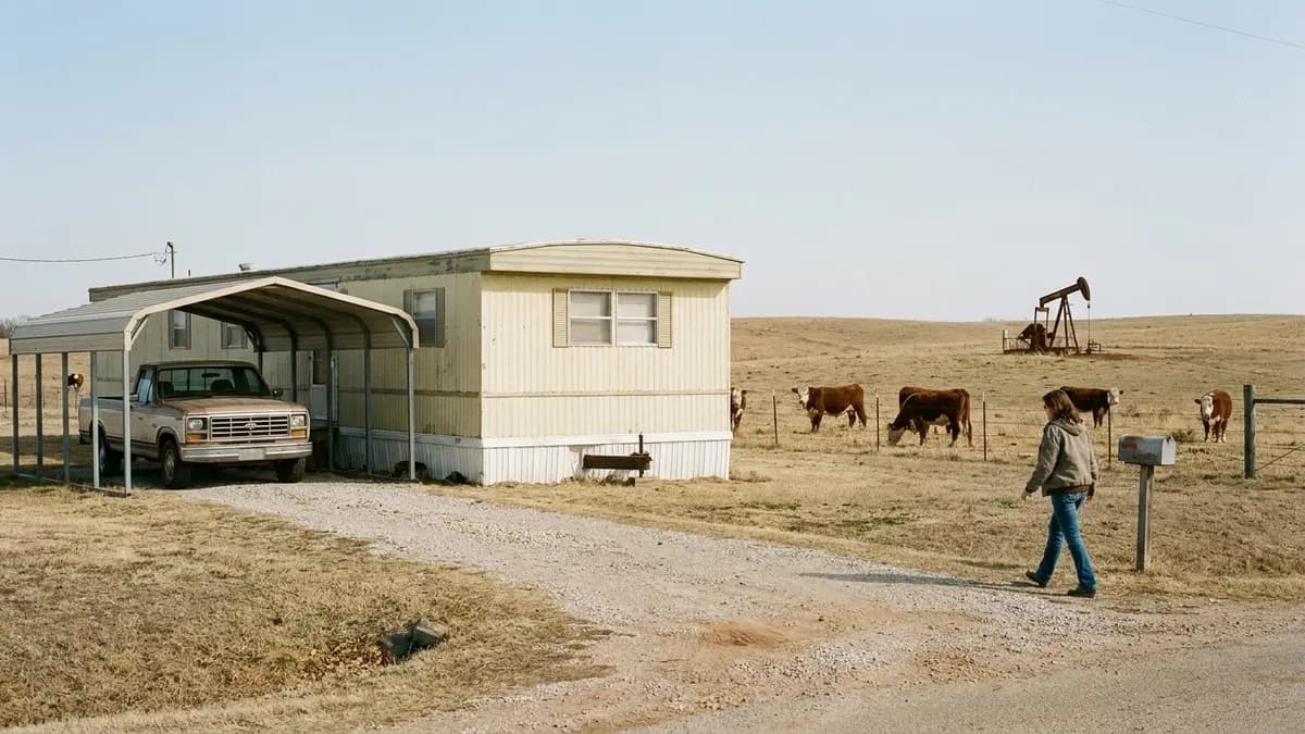 Mobile home on cattle pasture with an old oil pump jack in a far field, for owners who want to sell a house fast in Okfuskee County, Oklahoma