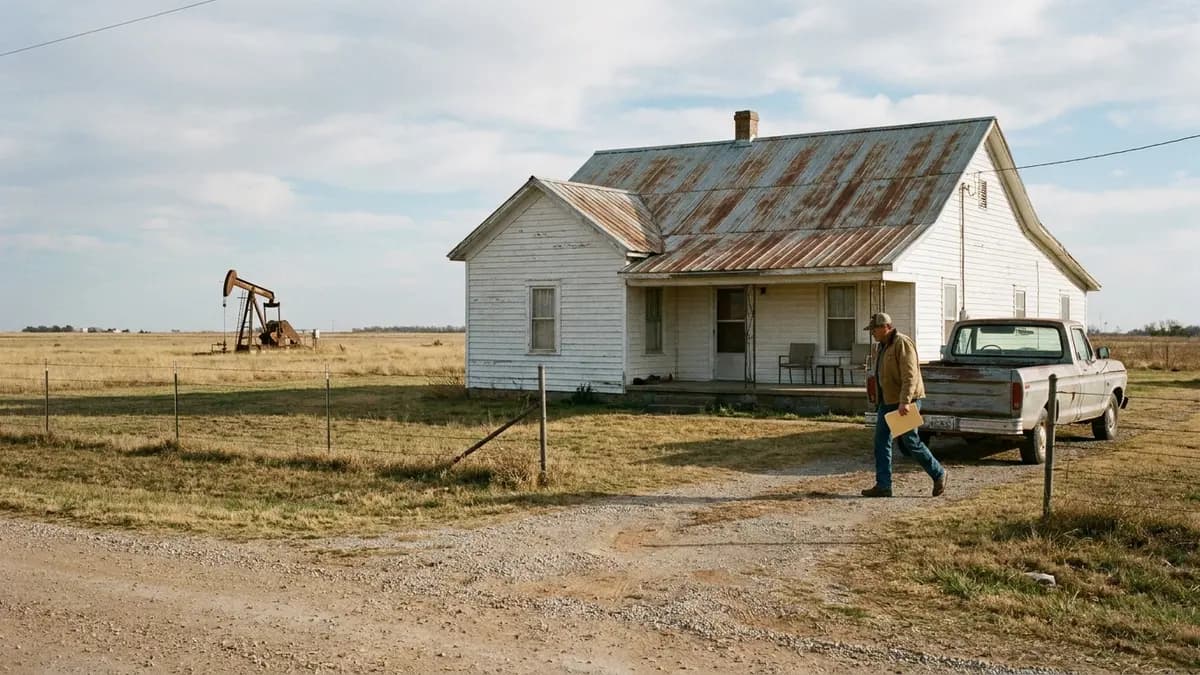 Farmhouse on rural acreage with an old pump jack in a far pasture, for owners who want to sell a house fast in Pottawatomie County, Oklahoma