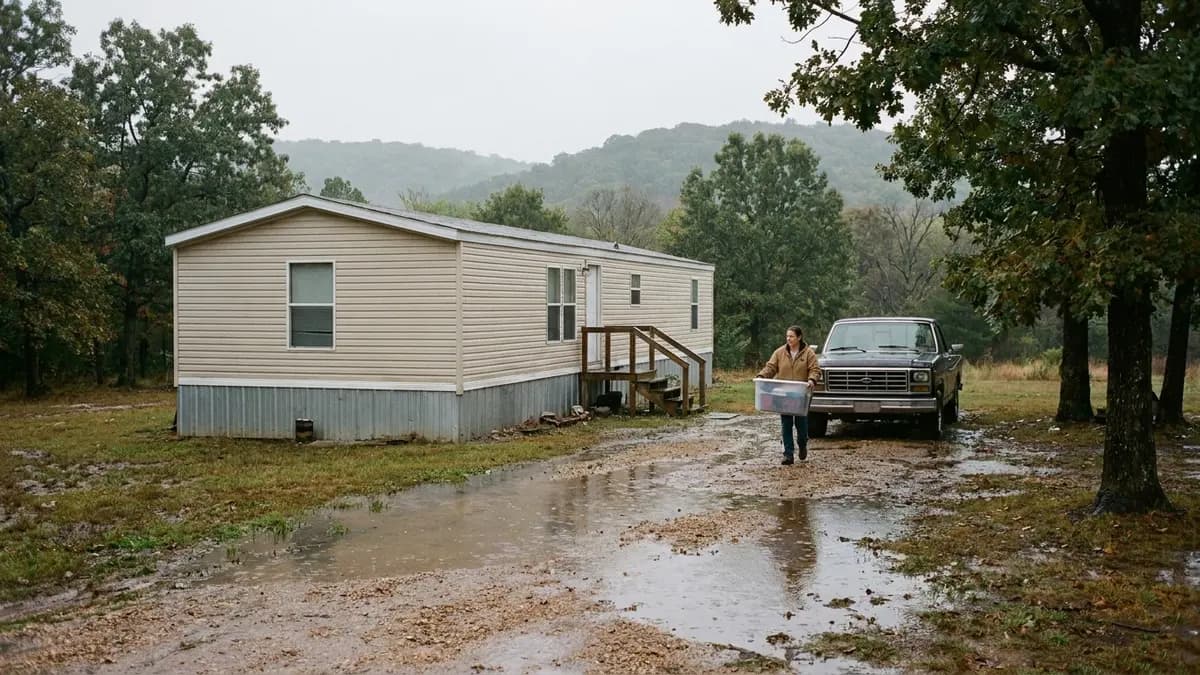 Manufactured home on a wooded rural lot after a heavy rain in Sequoyah County, Oklahoma, for owners who want to sell a house fast