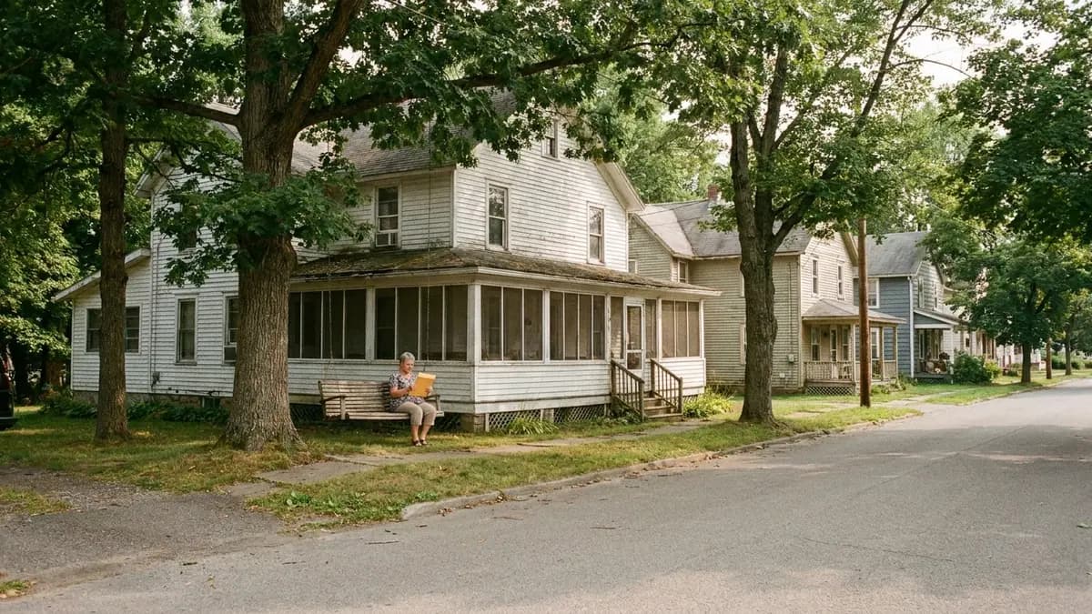 Older two-story house on a tree-lined street in a small Warren County, Pennsylvania town, where the owner reads a new tax bill and wants to sell the house fast