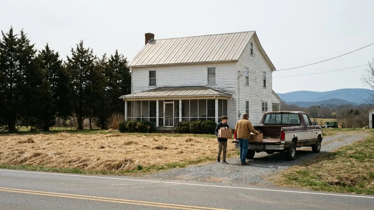 We buy houses in Appomattox County, VA: frame farmhouse with a metal roof beside a small field in Appomattox County, Virginia, for owners asking who buys houses there