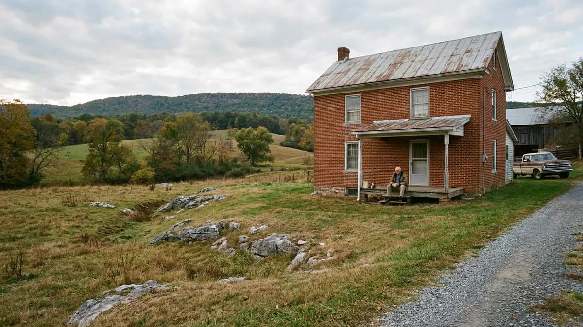 We buy houses in Berkeley County, WV: two-story brick farmhouse beside a pasture with gray limestone ledges, the kind of rural home in Berkeley County, West Virginia where owners ask who buys houses for cash