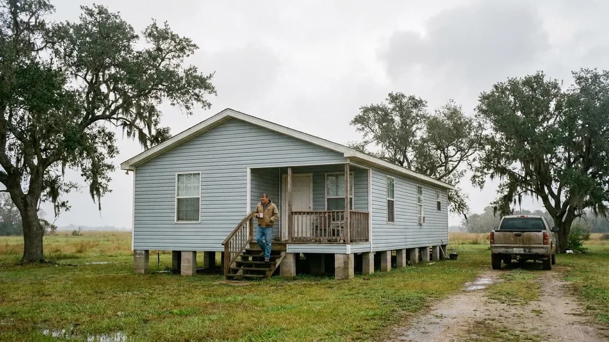 We buy houses in Brazoria County, TX: single-story home raised on tall piers above a flat coastal prairie lot, for homeowners asking who buys houses in Brazoria County, Texas