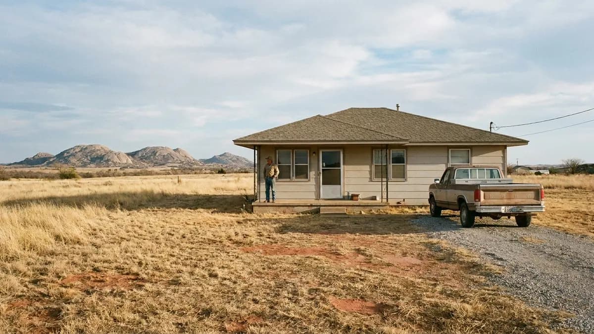 We buy houses in Comanche County, OK: single-story house on a wide lot of open prairie with low granite mountains on the horizon, for sellers asking who buys houses in Comanche County, Oklahoma
