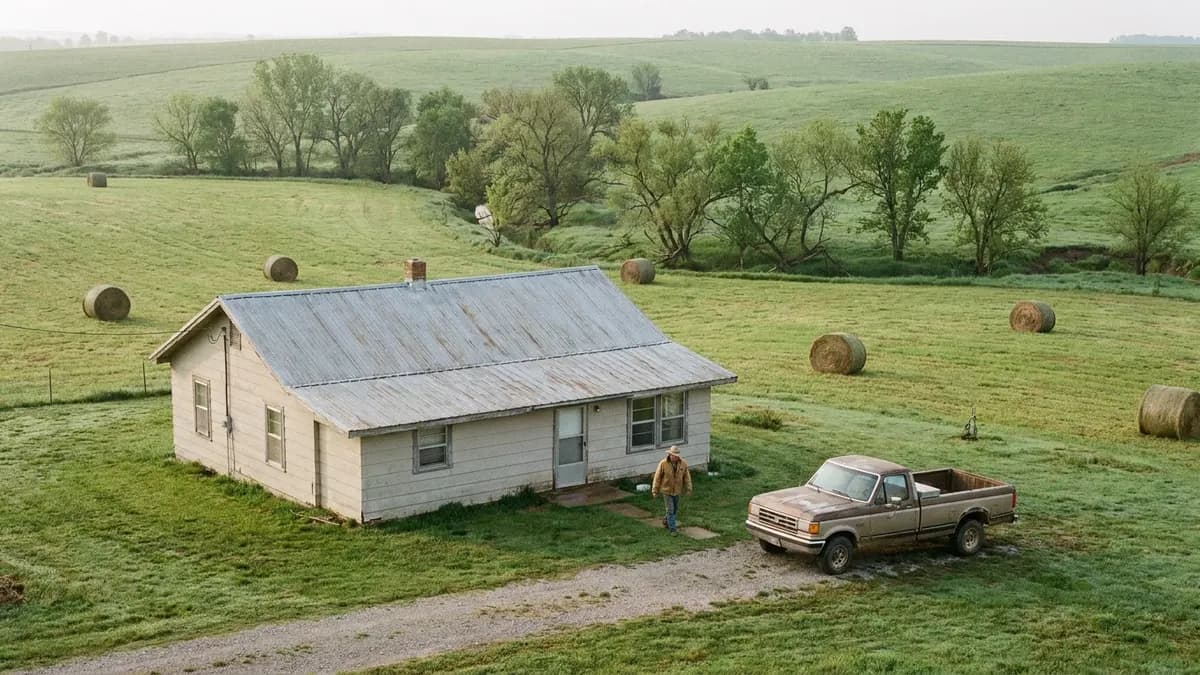 We buy houses in Craig County, OK: farmhouse on rolling green prairie pasture with a creek lined by trees, for owners asking who buys houses in Craig County, Oklahoma