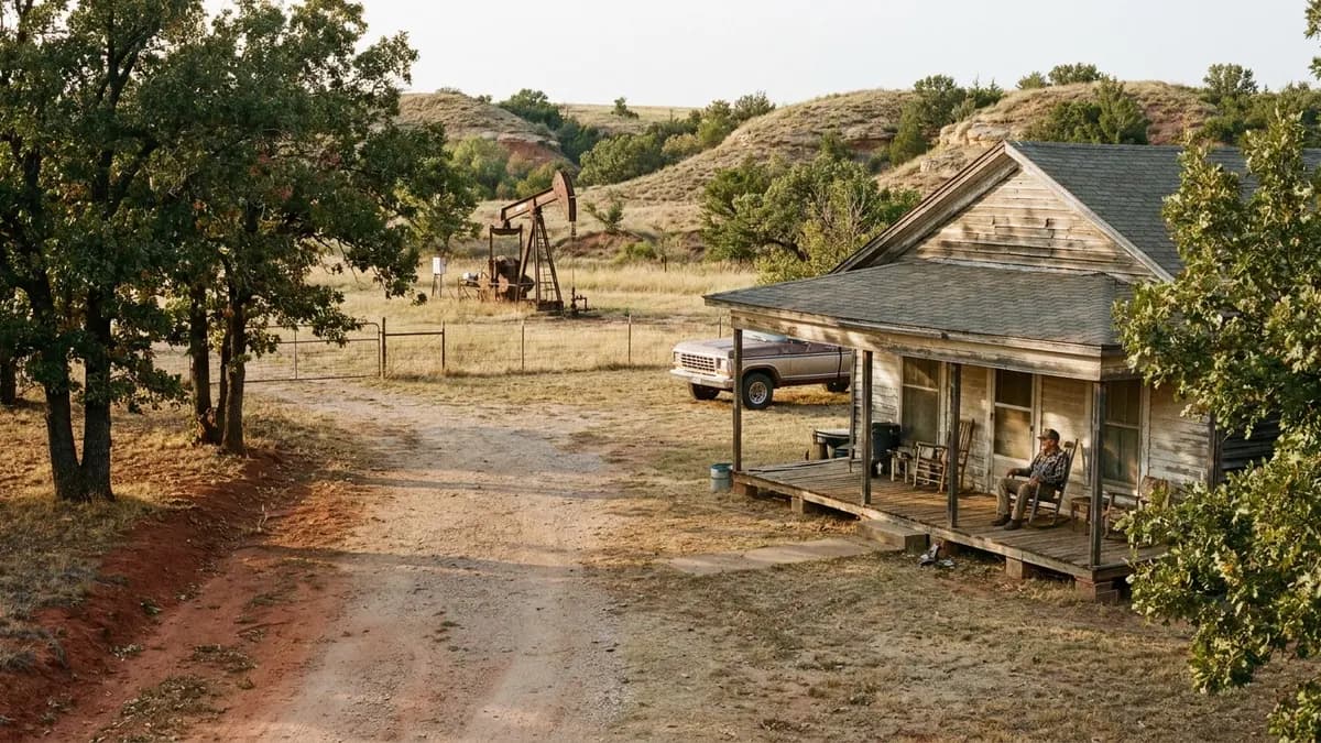 We buy houses in Creek County, OK: older frame house on a wooded hillside lot with an oil pump jack in the pasture beyond, for owners asking who buys houses in Creek County, Oklahoma