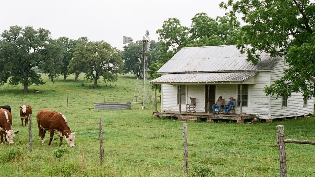 We buy houses in Fayette County, TX: older white farmhouse on rolling pasture with cattle and post oak trees, for owners asking who buys houses in Fayette County, Texas