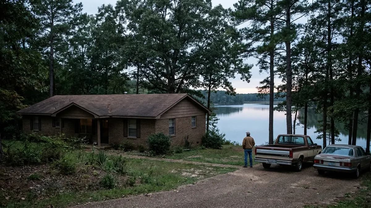 We buy houses in Grenada County, MS: brick ranch house on a wooded hillside above a wide lake in north Mississippi, for homeowners asking who buys houses in Grenada County, Mississippi