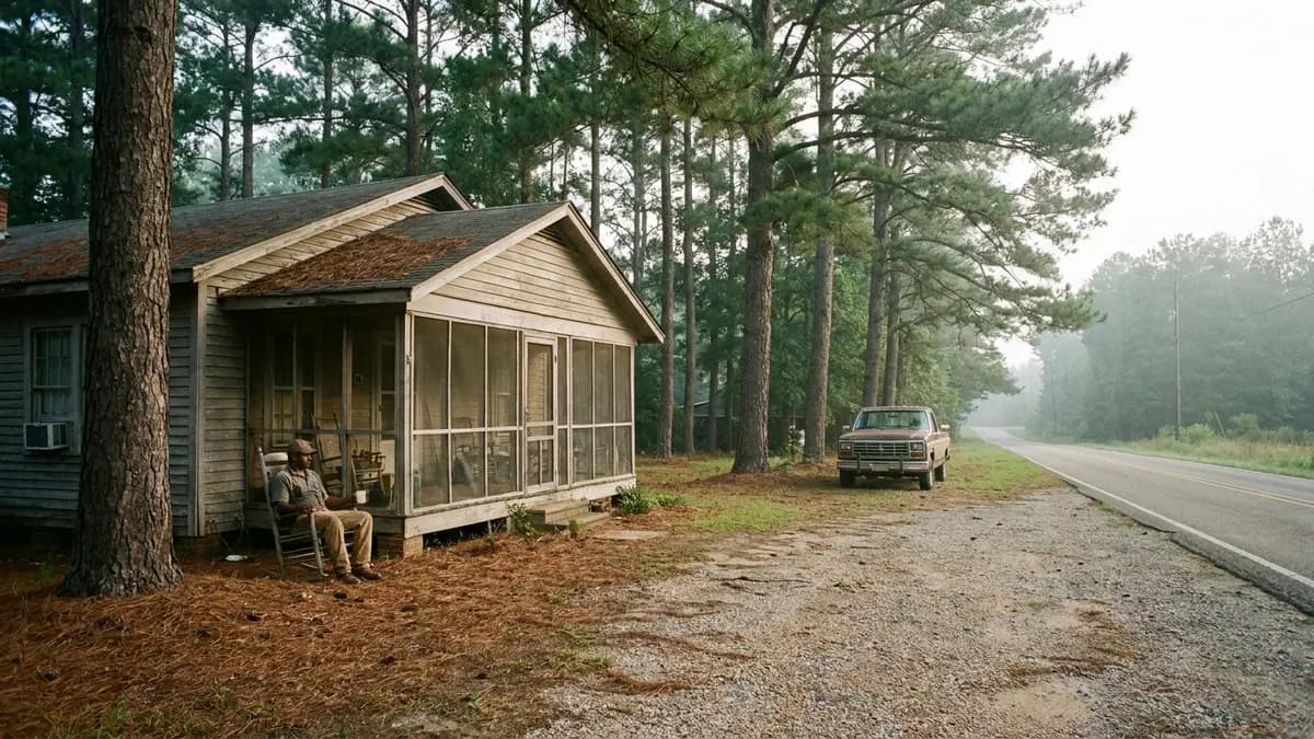 We buy houses in Jones County, MS: wood frame house with a front porch under tall pine trees, for homeowners asking who buys houses in Jones County, Mississippi