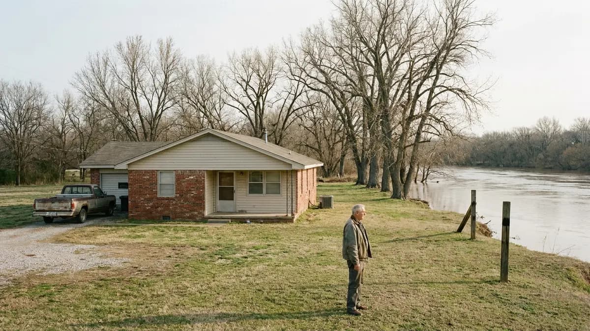 We buy houses in Muskogee County, OK: small one-story house near a wide river bottom with trees along the bank, for owners asking who buys houses in Muskogee County, Oklahoma