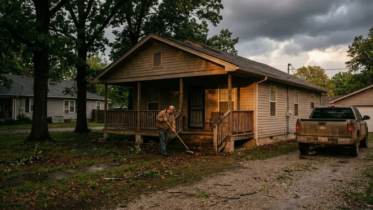We buy houses in Okfuskee County, OK: older frame house on a quiet small-town street with tall trees and a storm sky clearing, for sellers asking who buys houses in Okfuskee County, Oklahoma