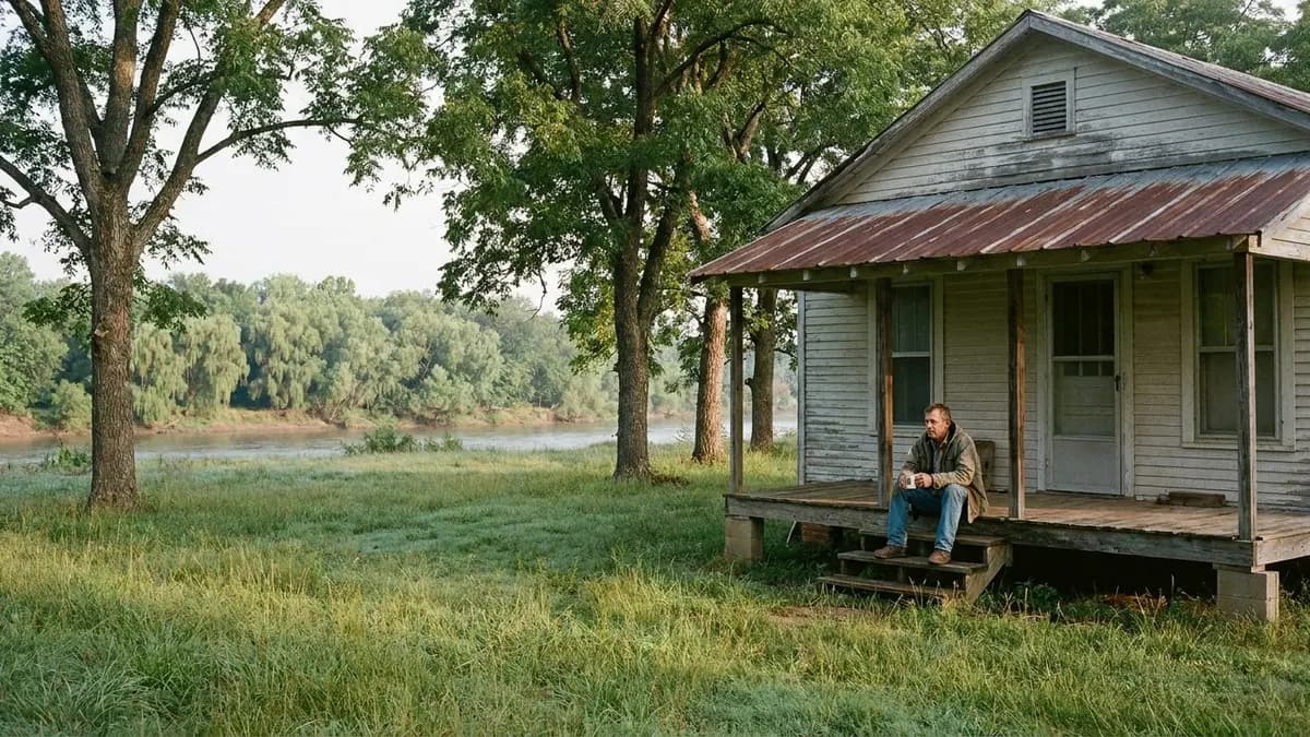 We buy houses in Sequoyah County, OK: small frame house on flat bottomland near a wide river in Sequoyah County, Oklahoma, for owners asking who buys houses there