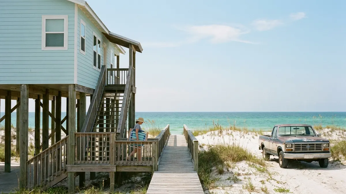 We buy houses in Walton County, FL: raised beach cottage on pilings behind low dunes, for owners asking who buys houses in Walton County, Florida