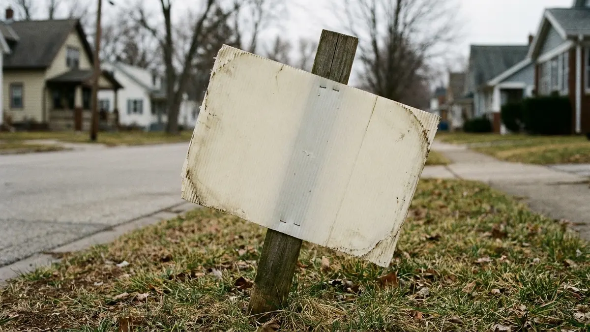 are we buy houses companies legit: a blank weathered yard sign on a wooden stake at the edge of a lawn