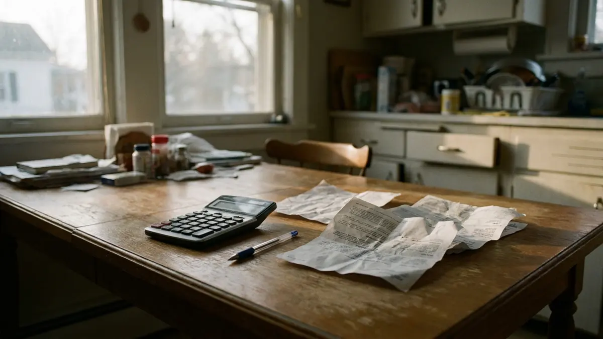 how much do cash home buyers pay: a calculator, a pen and loose papers face down on a kitchen table