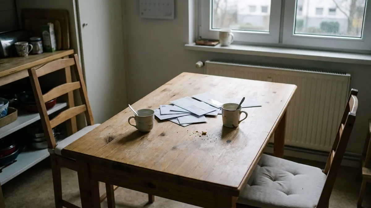 sell a house during divorce: A kitchen table with two chairs pushed back, two cups and unopened mail