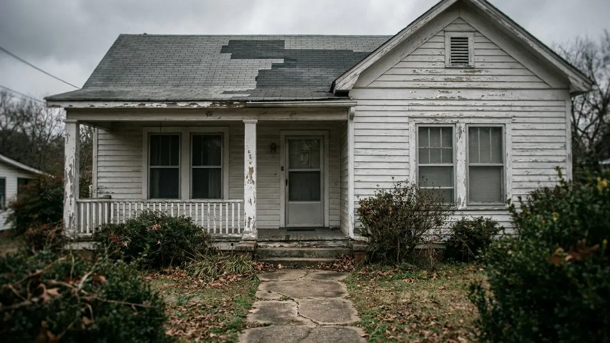 sell a house that needs repairs: The exterior of a plain older house with peeling porch paint and a patched roof