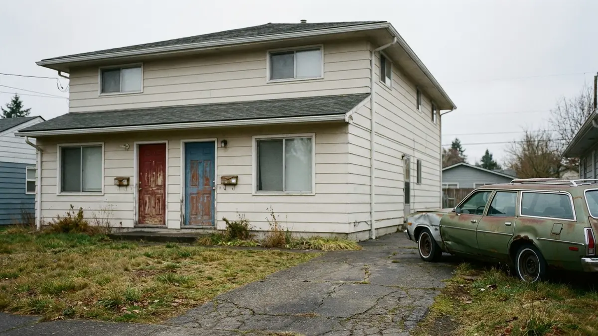sell a rental property with tenants: A small two-unit rental house with two front doors and a shared driveway