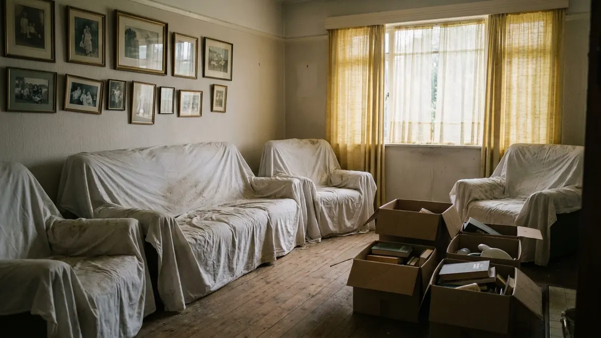 sell an inherited house: The living room of an older house, furniture under dust sheets, family photographs on the wall and part-packed boxes