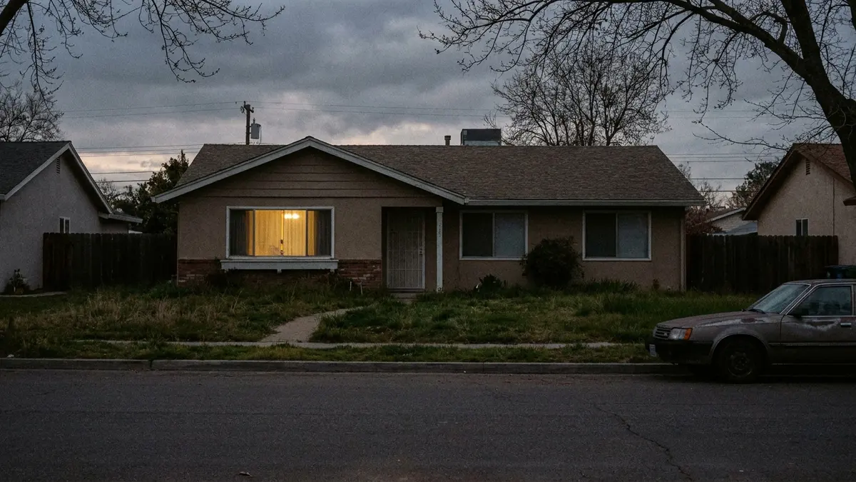 sell my house before foreclosure: A modest suburban house at dusk with one lit window and an overgrown lawn