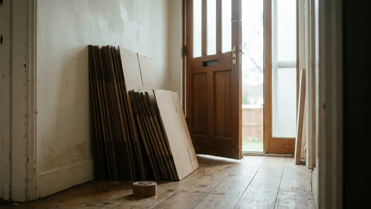 sell my house fast for a job relocation: A hallway stacked with moving boxes and the front door ajar