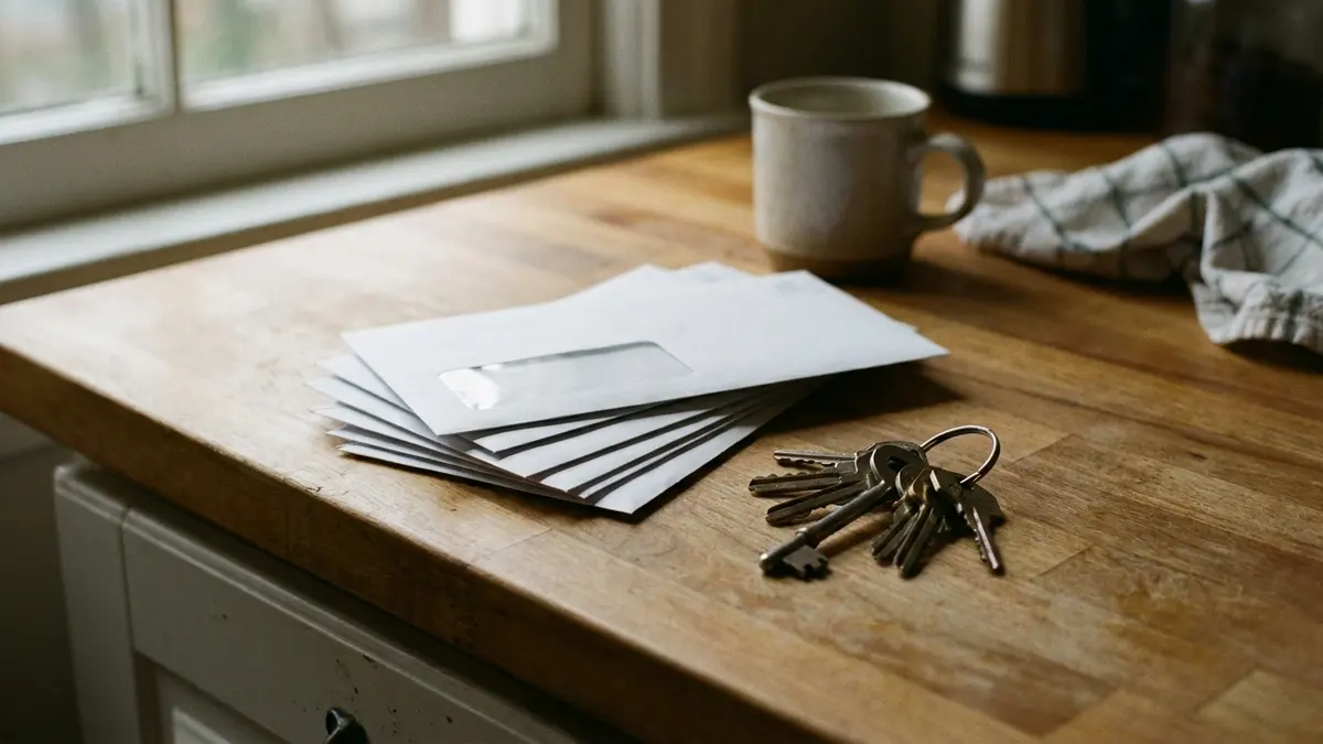 sell my house when behind on mortgage payments: A stack of unopened window envelopes on a kitchen counter beside house keys